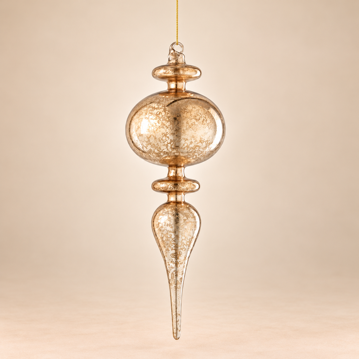 Pendaglio Natalizio a Goccia in Vetro Oro Champagne Anticato con Effetto Maculato 10x30 cm