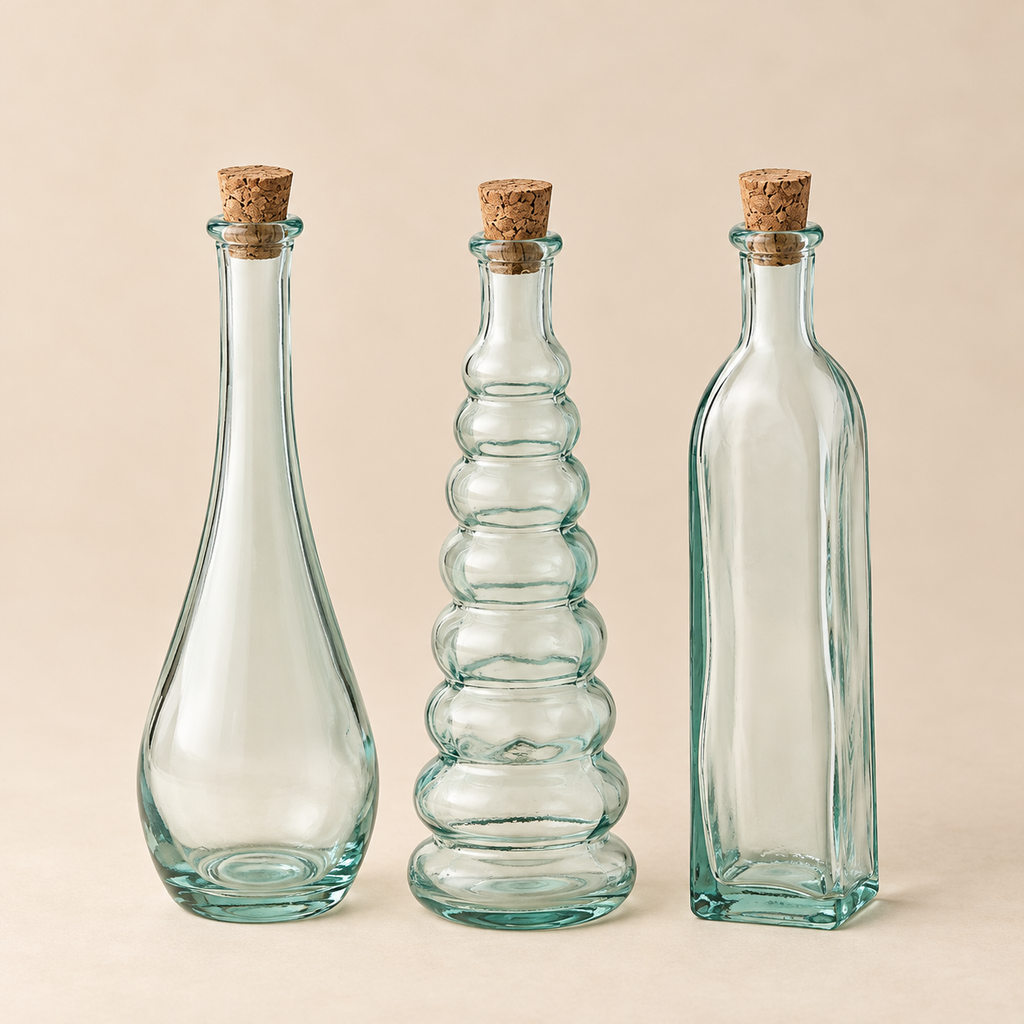 Set 3 Bottigliette Decorative in Vetro Riciclato Trasparente con Tappo in Sughero – Forme Assortite – H 19 cm