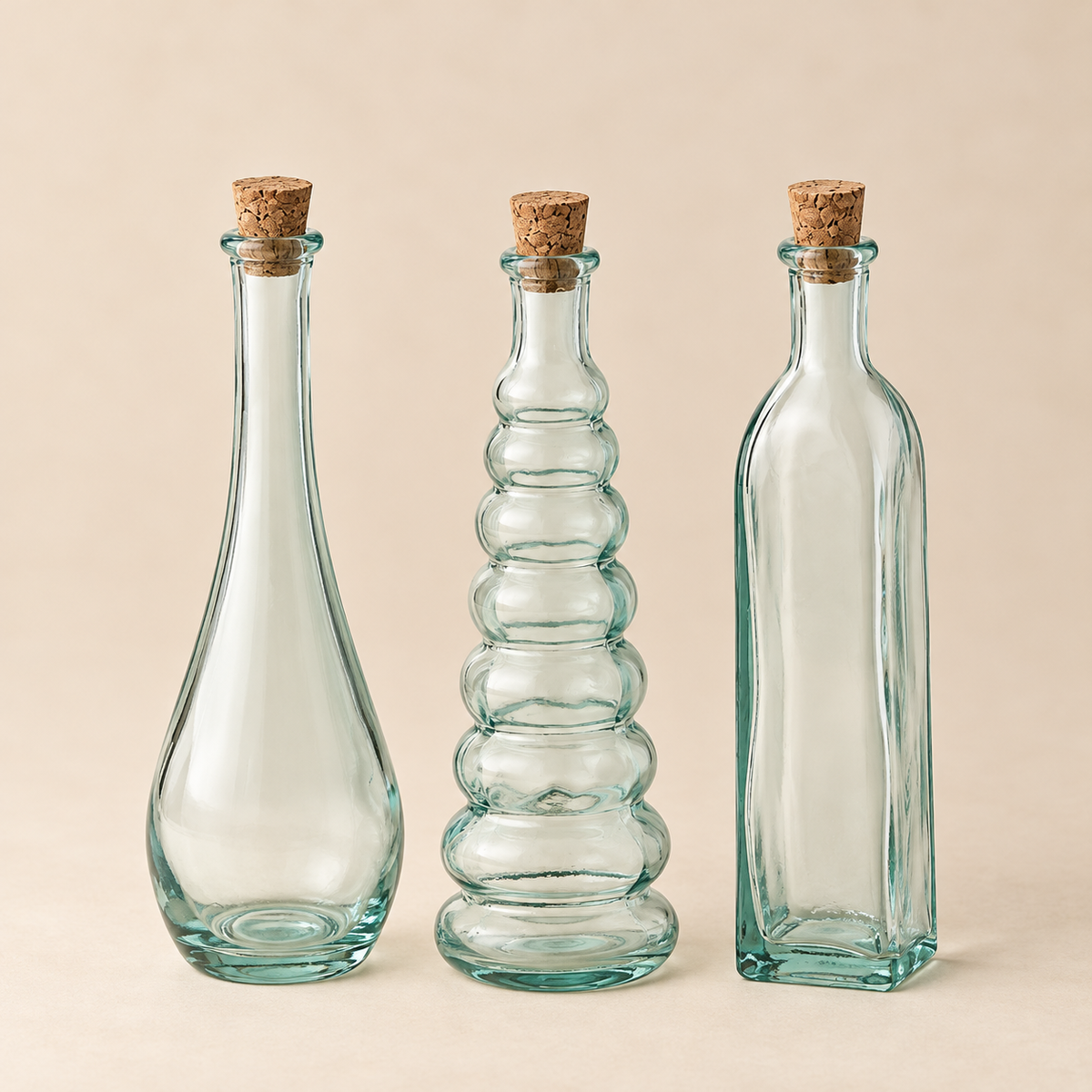 Set 3 Bottigliette Decorative in Vetro Riciclato Trasparente con Tappo in Sughero – Forme Assortite – H 19 cm