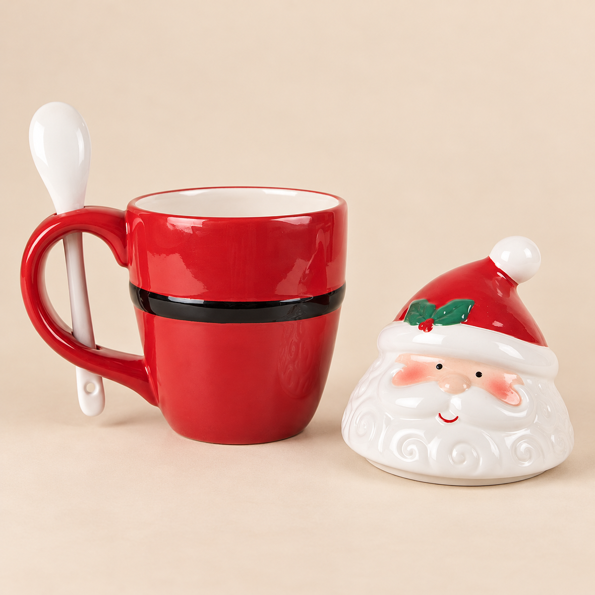 Tazza Natalizia Babbo Natale con Coperchio e Cucchiaino 300 ml in Ceramica