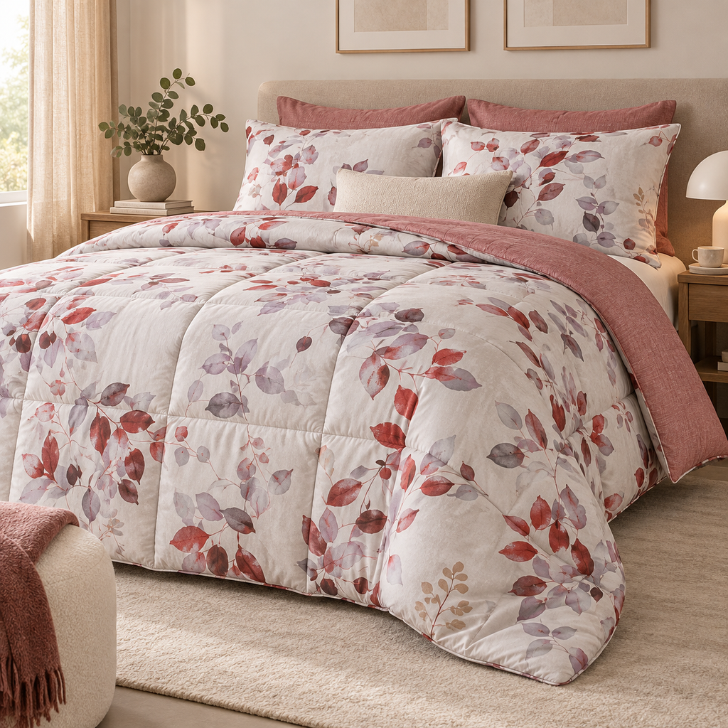 Trapunta Matrimoniale Double-Face Hanami in Percalle di Cotone Riciclato con Fantasia Botanica Rosa Antico 260 x 270 cm – Tessitura Randi
