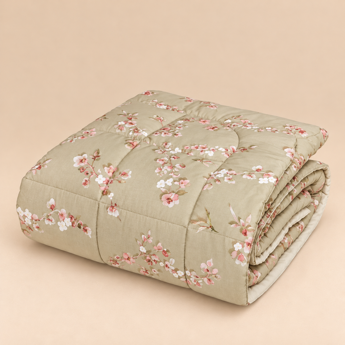 Trapunta Matrimoniale Bloom in Raso di Puro Cotone 300 T.C. con Fantasia Floreale Rosa su Fondo Beige 270 x 270 cm – Tessitura Randi