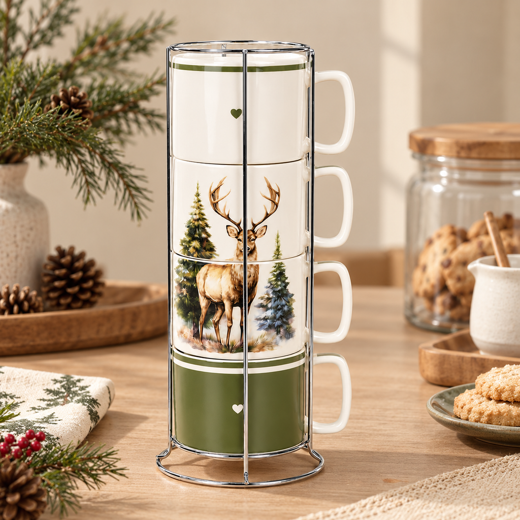 Set 4 Tazze in Ceramica Bosco Incantato con Supporto in Metallo e Decoro Cervo – 330 ml – Confezione Regalo