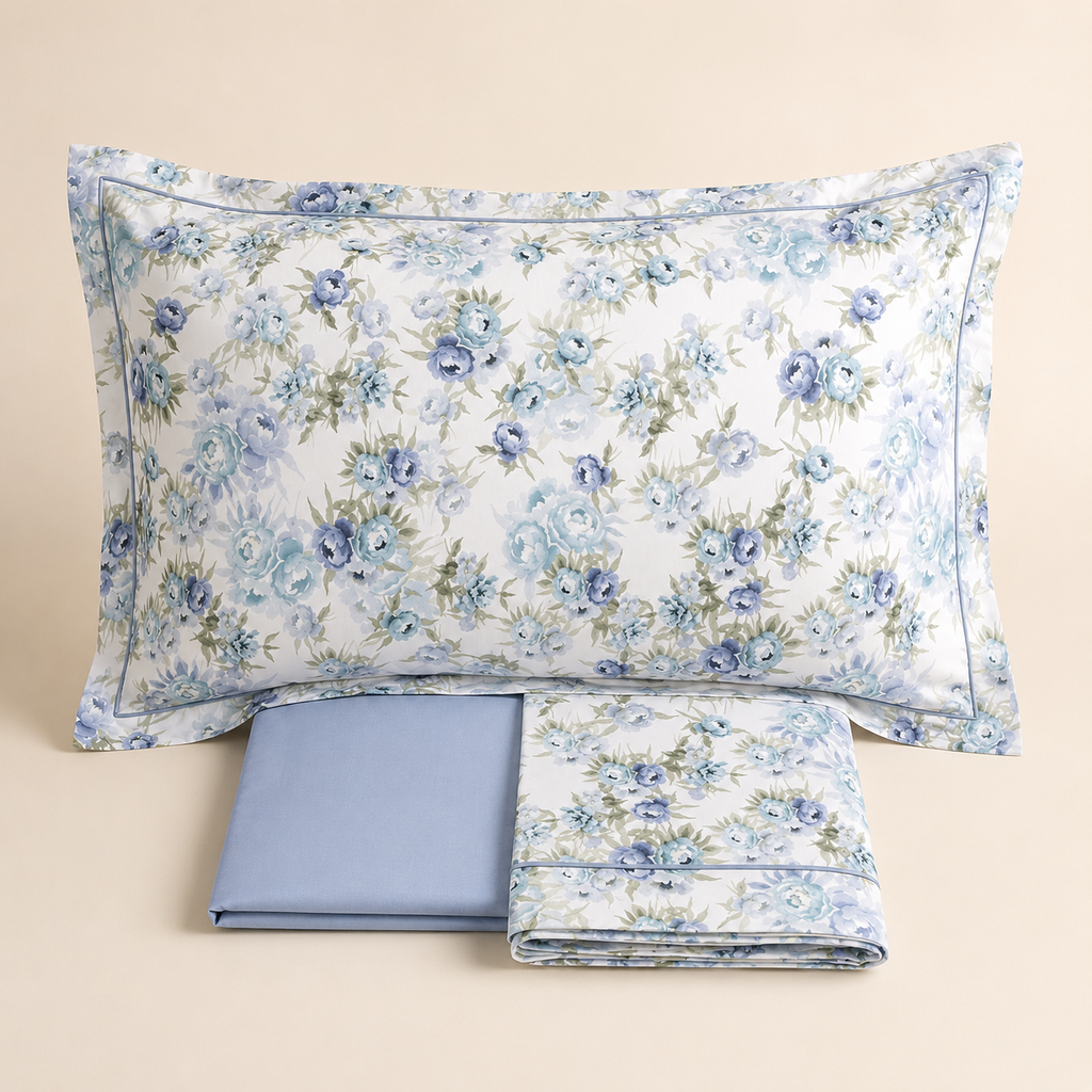 Completo Letto Matrimoniale Botanical Paper – Percalle di Puro Cotone – Colore Denim
