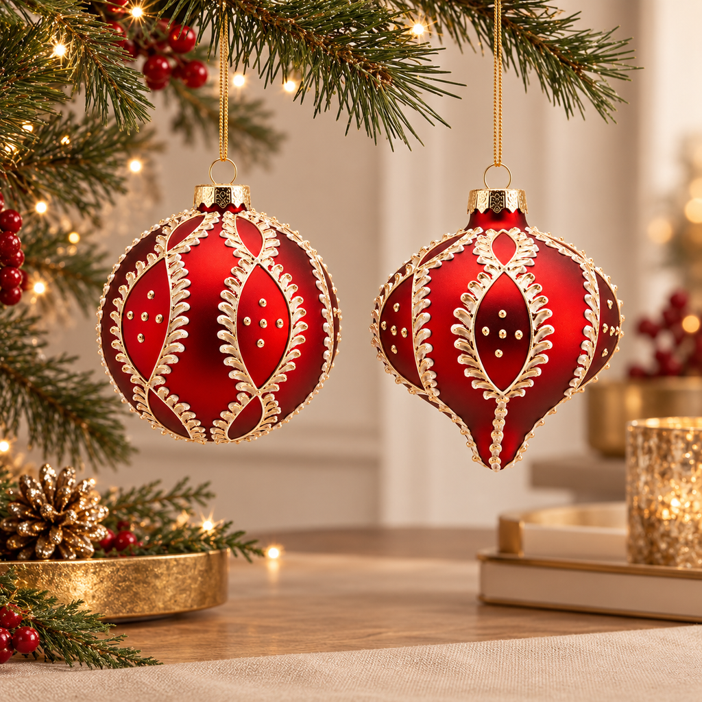 Sfera di Natale Rosso Rubino con Decori Barocchi Oro e Avorio – Ø 10 cm,