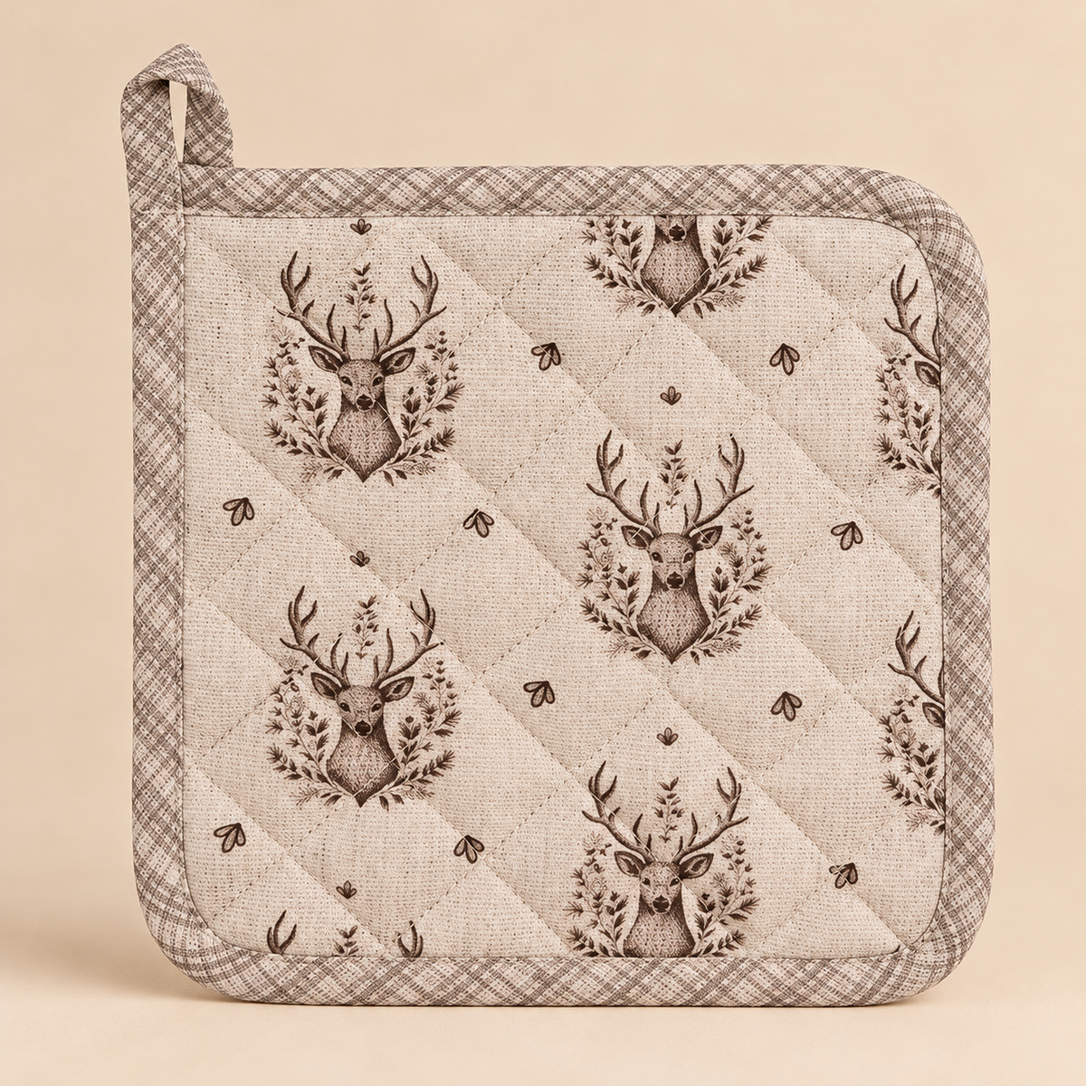 Presina da Cucina Natalizia Winter Woodland Double Face con Cervo Beige 20 x 20 cm in Cotone