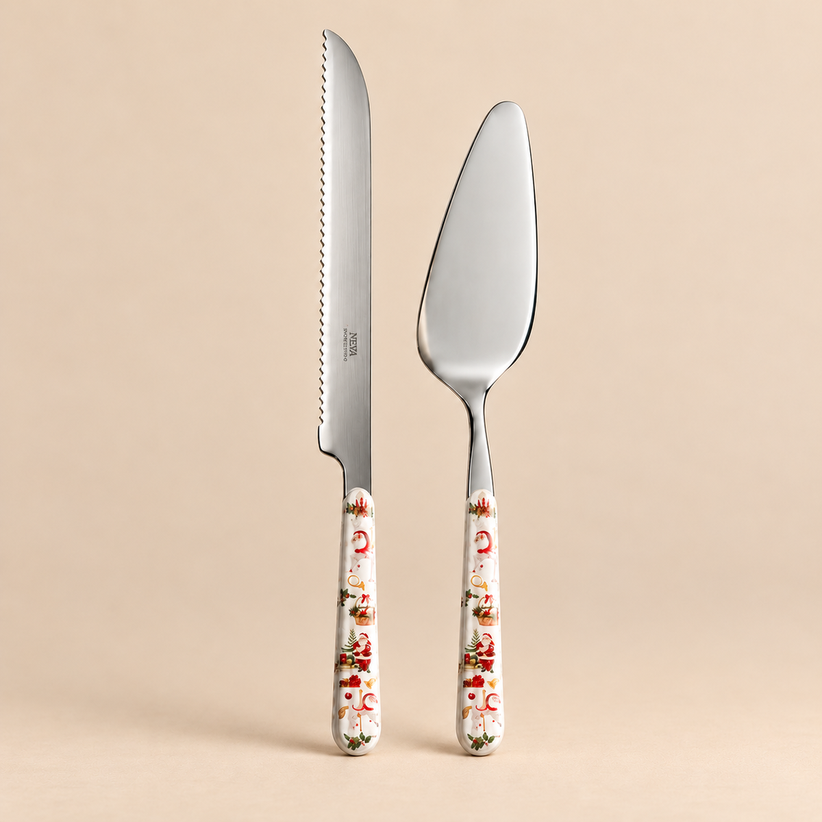 Set Torta Natalizio Carosello con Coltello 28 cm e Pala Torta 25 cm – Acciaio Inox 18/10 con Manici Decorati