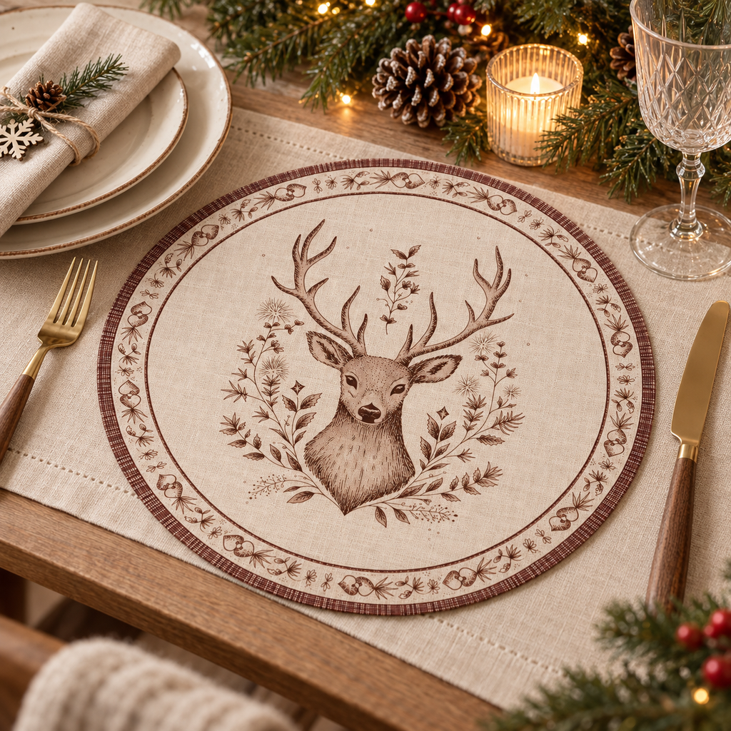 Sottopiatto Natalizio Rotondo con Cervo Winter Woodland Beige e Marrone Ø33 cm