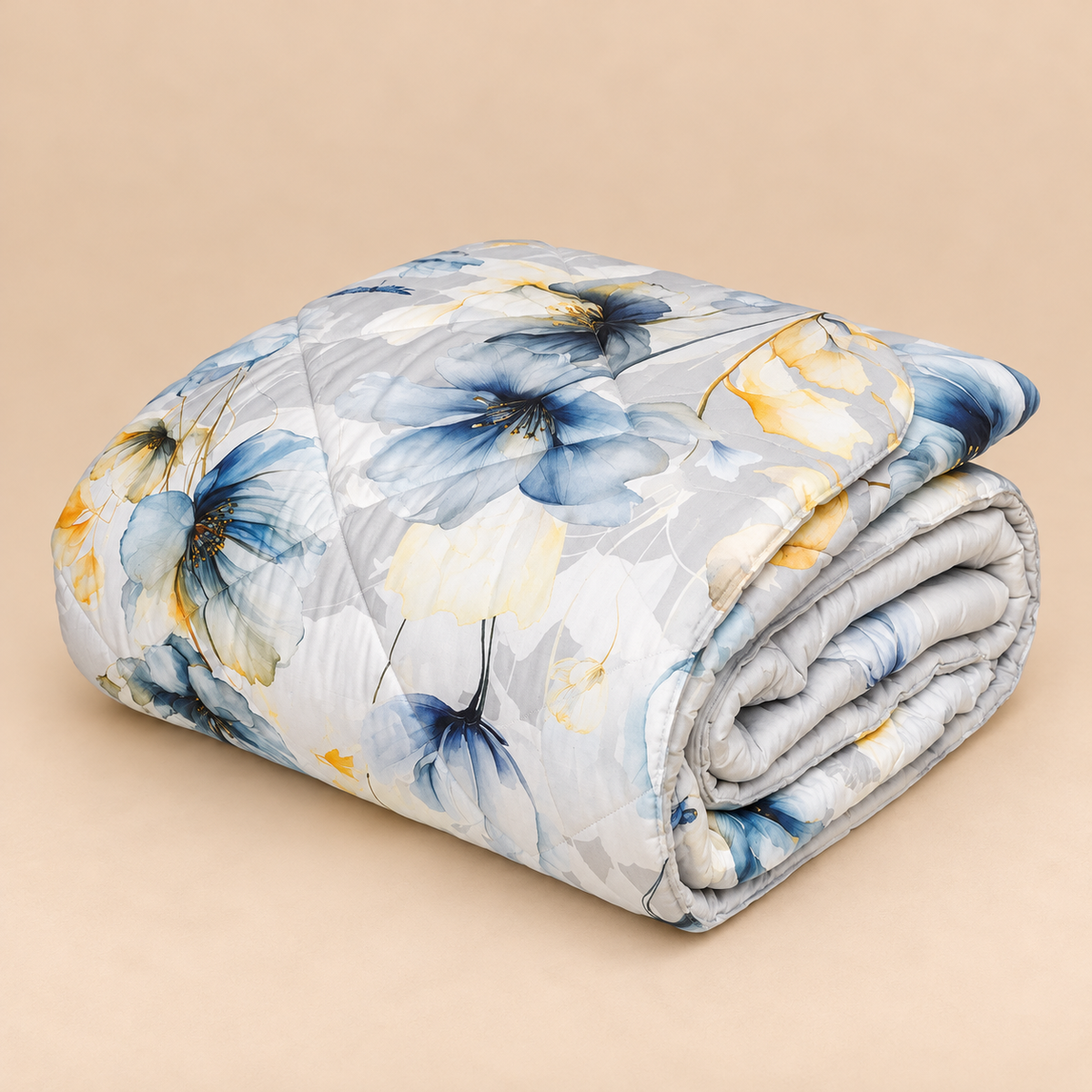 Trapunta Matrimoniale Invernale Bloom Saffo in Raso di Puro Cotone 300 T.C. con Fantasia Floreale Azzurro e Giallo 260 x 270 cm – Tessitura Randi
