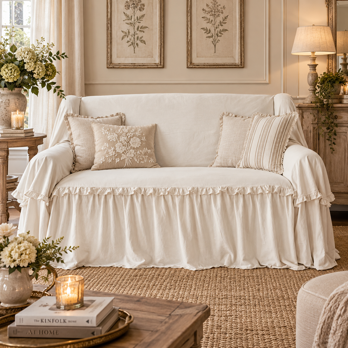 Copridivano con Gala Volant Naturale in Microfibra 160 x 280 cm – Blanc Mariclò