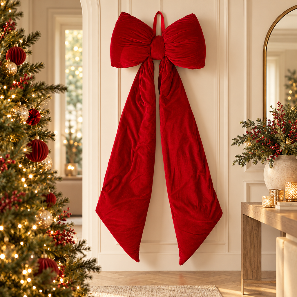 Fiocco Natalizio Extra Large in Velluto Rosso con Code Lunghe da Appendere 162 cm