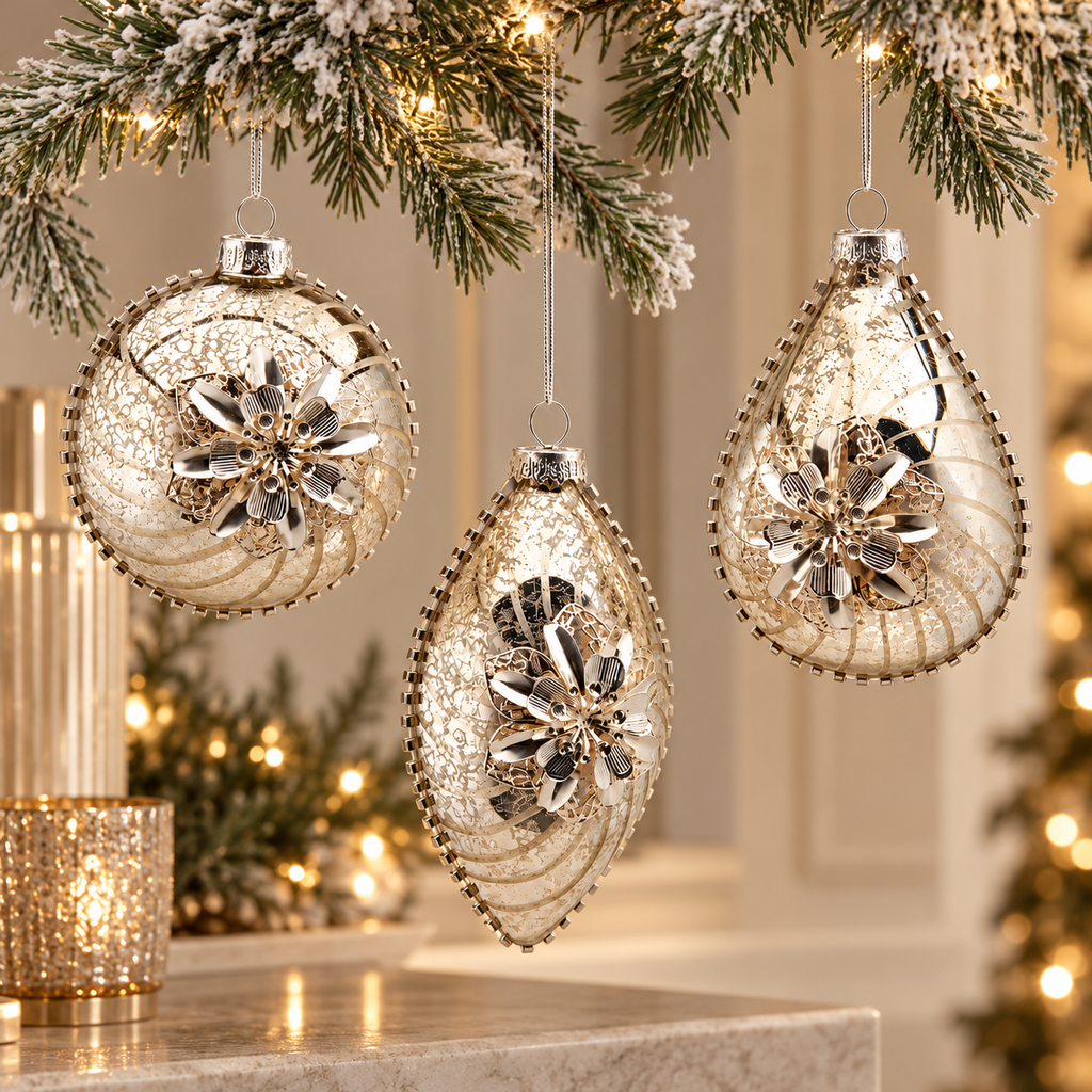 Sfera Natalizia EDG in Vetro Argento Anticato con Fiore Gioiello e Decorazioni in Rilievo Ø8 cm – Varianti Selezionabili
