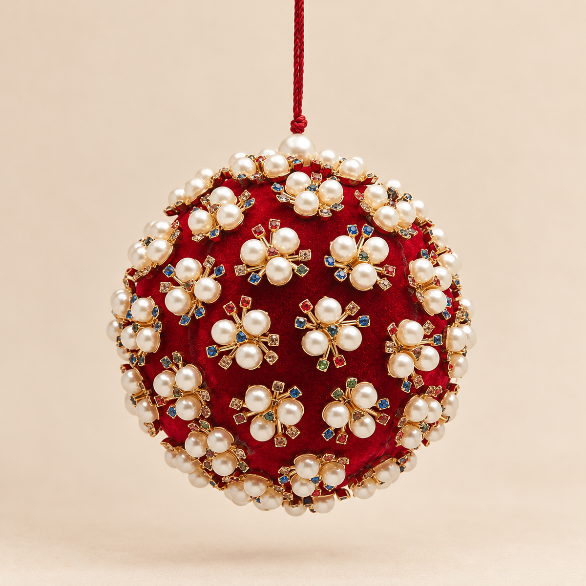 Sfera Natalizia EDG Rossa in PVC con Perle Bianche e Decorazioni Gioiello Multicolore Ø10 cm