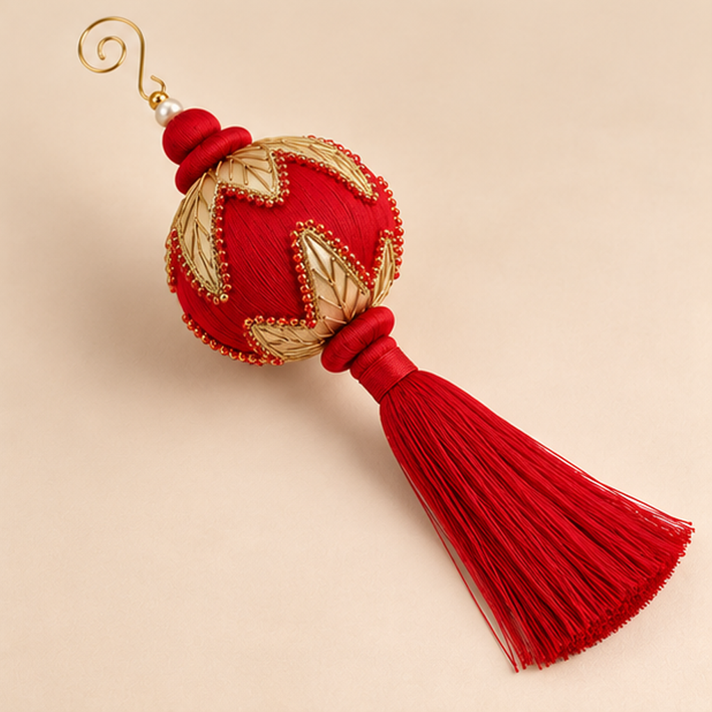 Sfera Natalizia EDG Rossa e Oro con Decorazioni Gioiello e Nappa Rossa Ø8xH28 cm