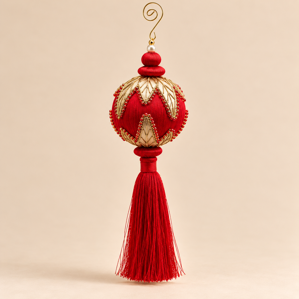 Sfera Natalizia EDG Rossa e Oro con Decorazioni Gioiello e Nappa Rossa Ø8xH28 cm