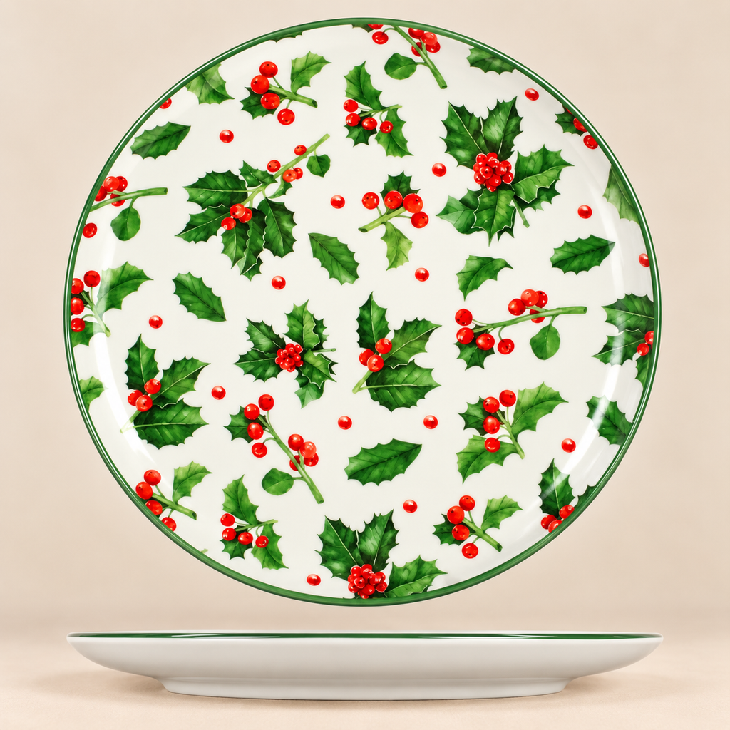 Piatto Panettone Natalizio in Ceramica con Agrifoglio e Bacche Rosse Ø 27 cm