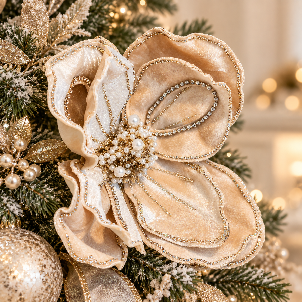Fiore Magnolia Decorativa Champagne con Perle e Strass Ø 22
