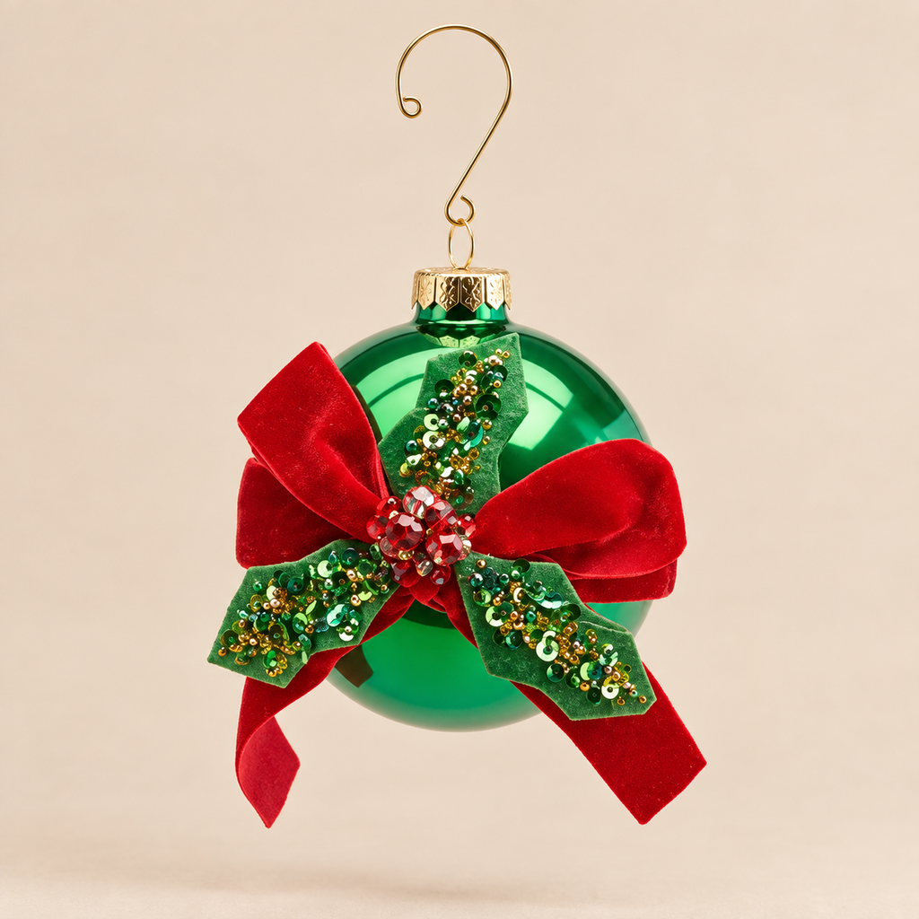 Sfera di Natale in Vetro Verde con Fiocco Rosso Ø 10 cm