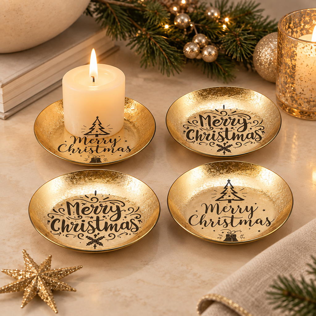 Set 4 Piattini Rotondi Portacandela Natalizi Oro con Scritta Merry Christmas e Decori Albero di Natale – Ø 10 cm