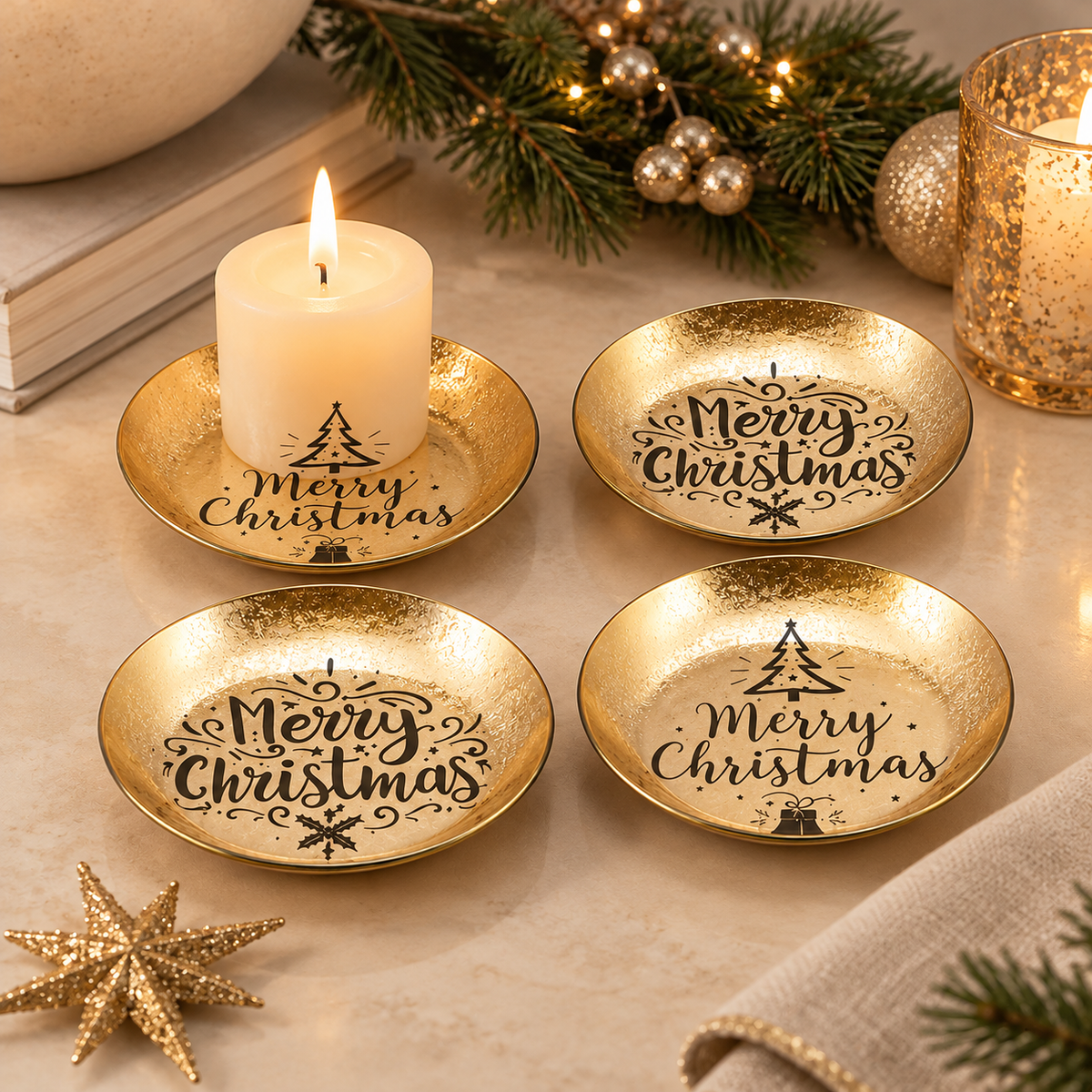 Set 4 Piattini Rotondi Portacandela Natalizi Oro con Scritta Merry Christmas e Decori Albero di Natale – Ø 10 cm