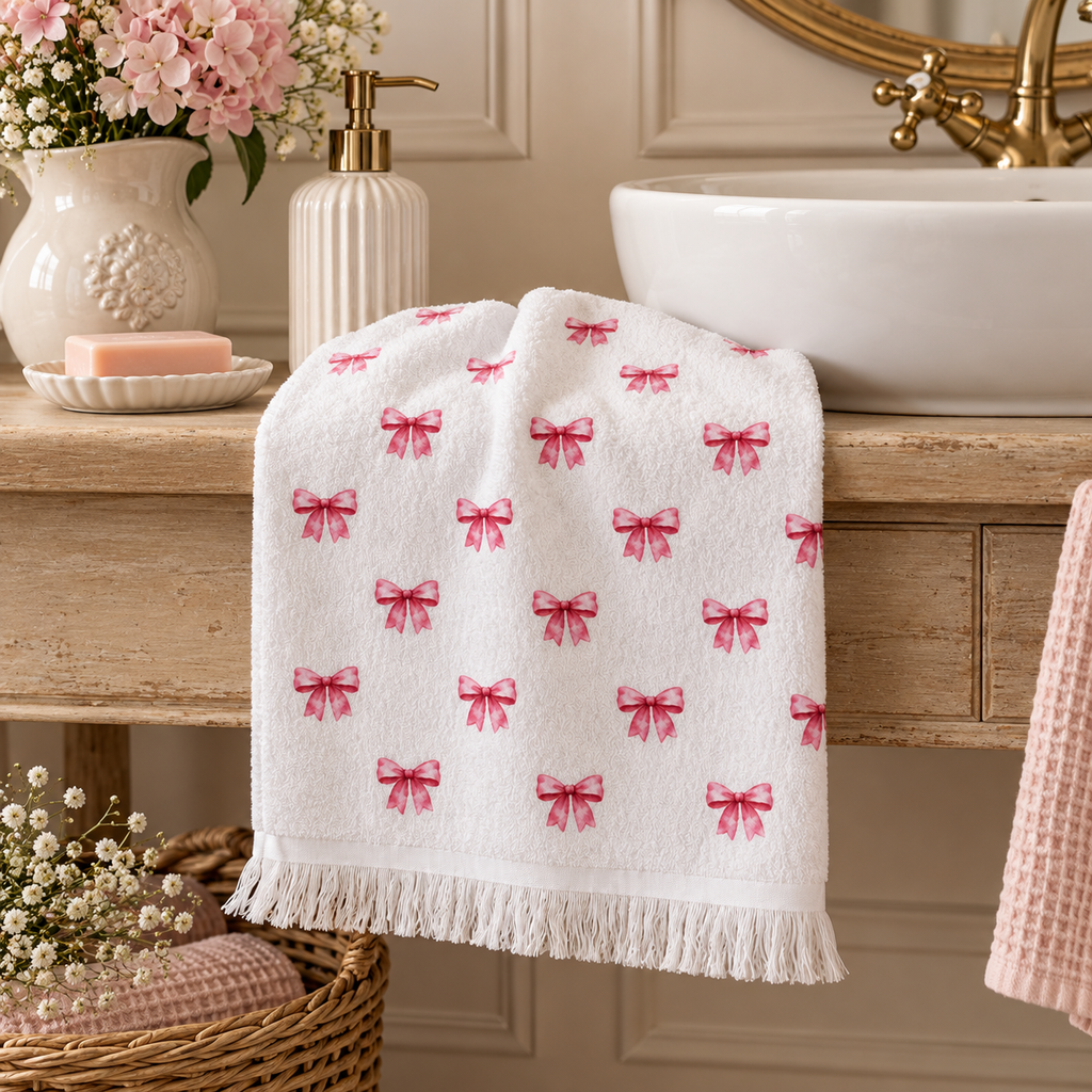 Asciugamano Ospite Bianco in Cotone con Fiocchetti Rosa 40 x 66 cm