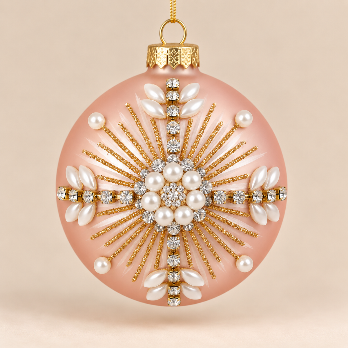 Sfera di Natale in Vetro Rosa Cipria con Perle e Cristalli Ø 10 cm
