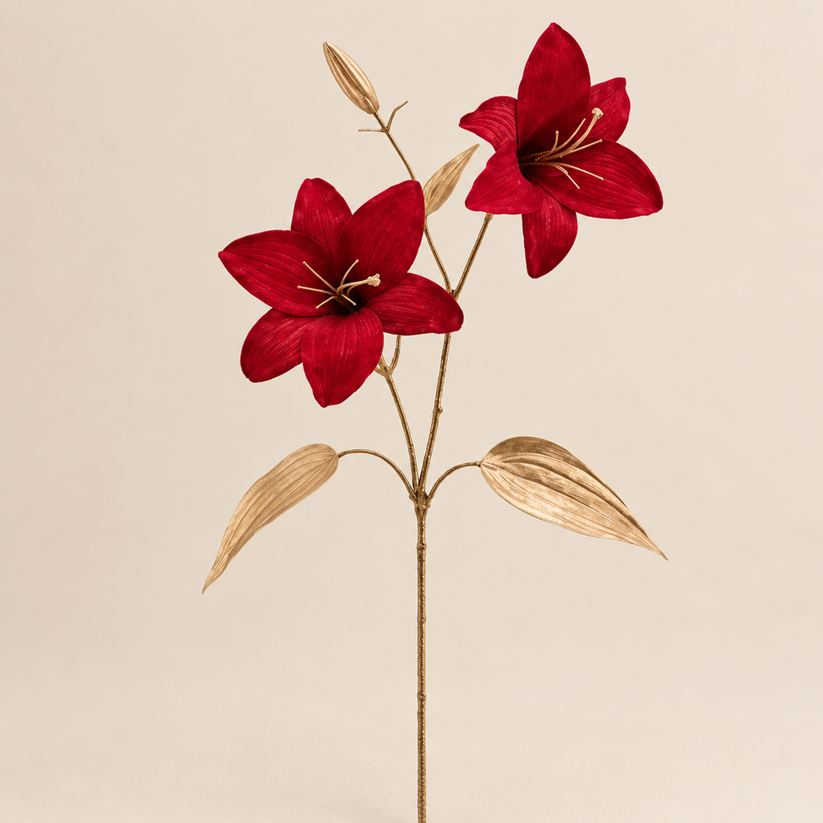 Ramo Decorativo con Gigli Burgundy e Foglie Oro H 75 cm