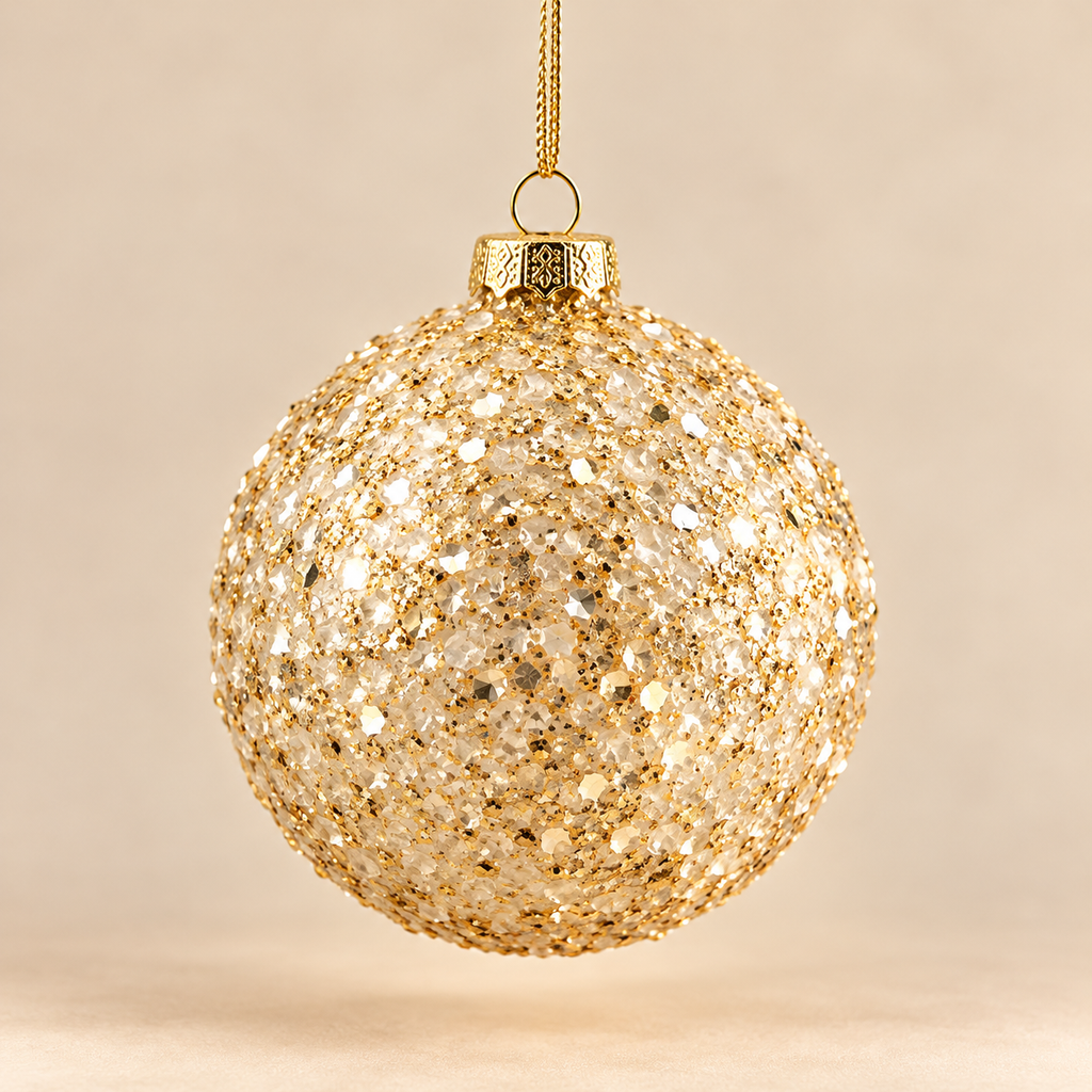 Sfera di Natale in Vetro con Scaglie Glitter Oro e Finitura Brillante – Ø 10 cm