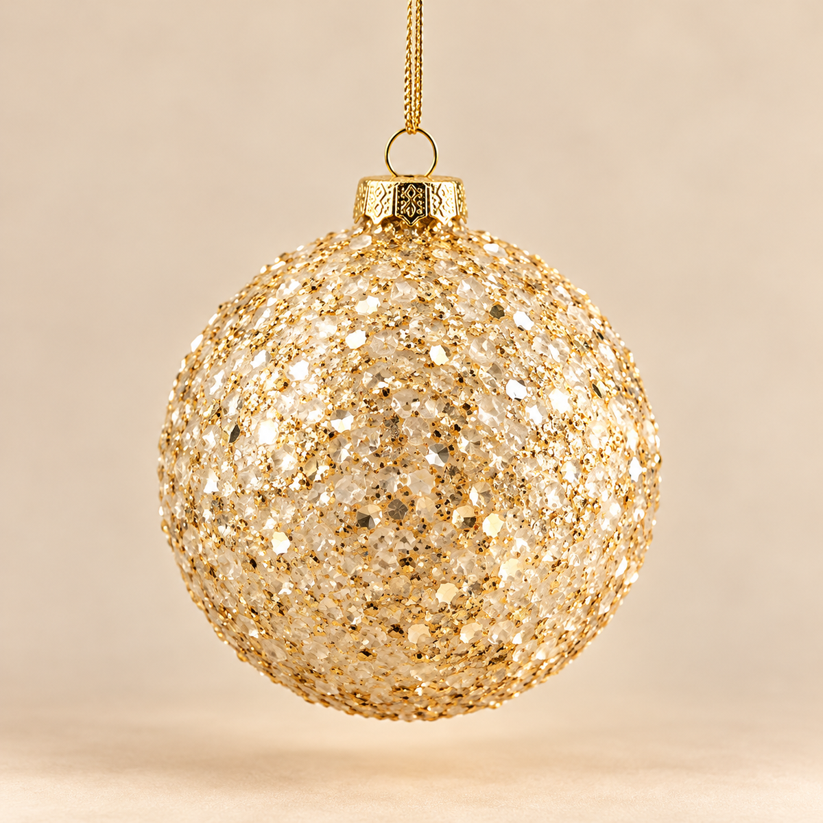 Sfera di Natale in Vetro con Scaglie Glitter Oro e Finitura Brillante – Ø 10 cm