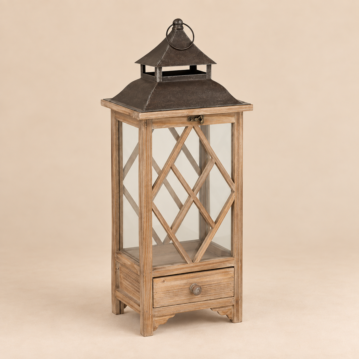 Lanterna Vintage in Legno e Metallo con Cassetto 20 x 26 x H 68 cm