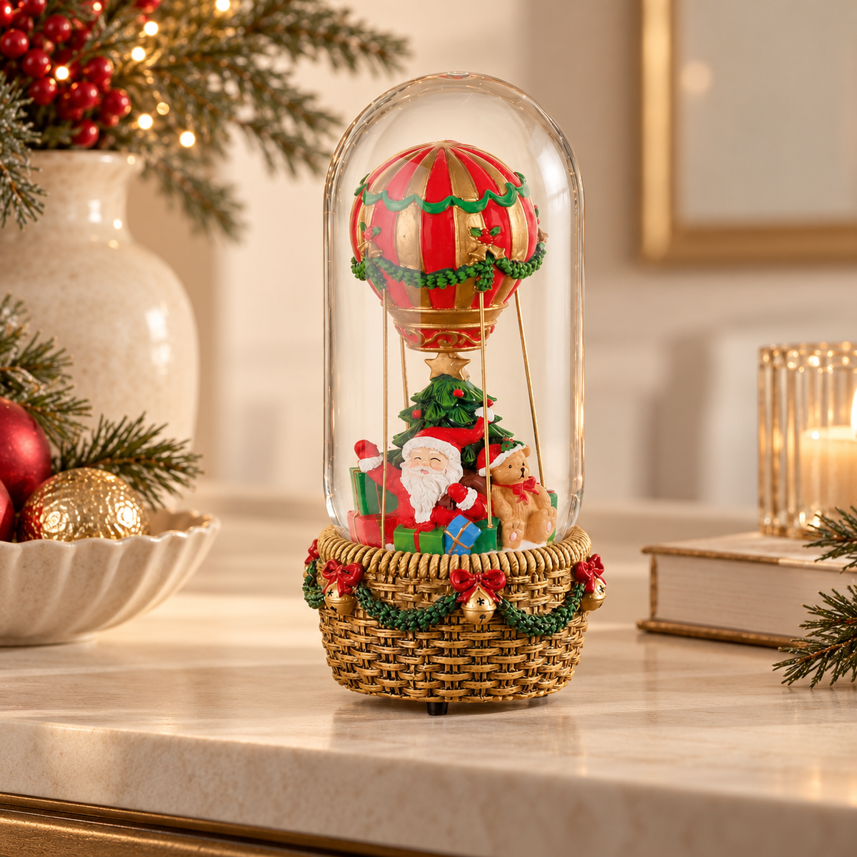 Palla di Neve Natalizia a Forma di Mongolfiera con Babbo Natale, Orsetto e Regali in Resina e Vetro – Collezione I Sogni dei Piccoli 11,5x24 cm