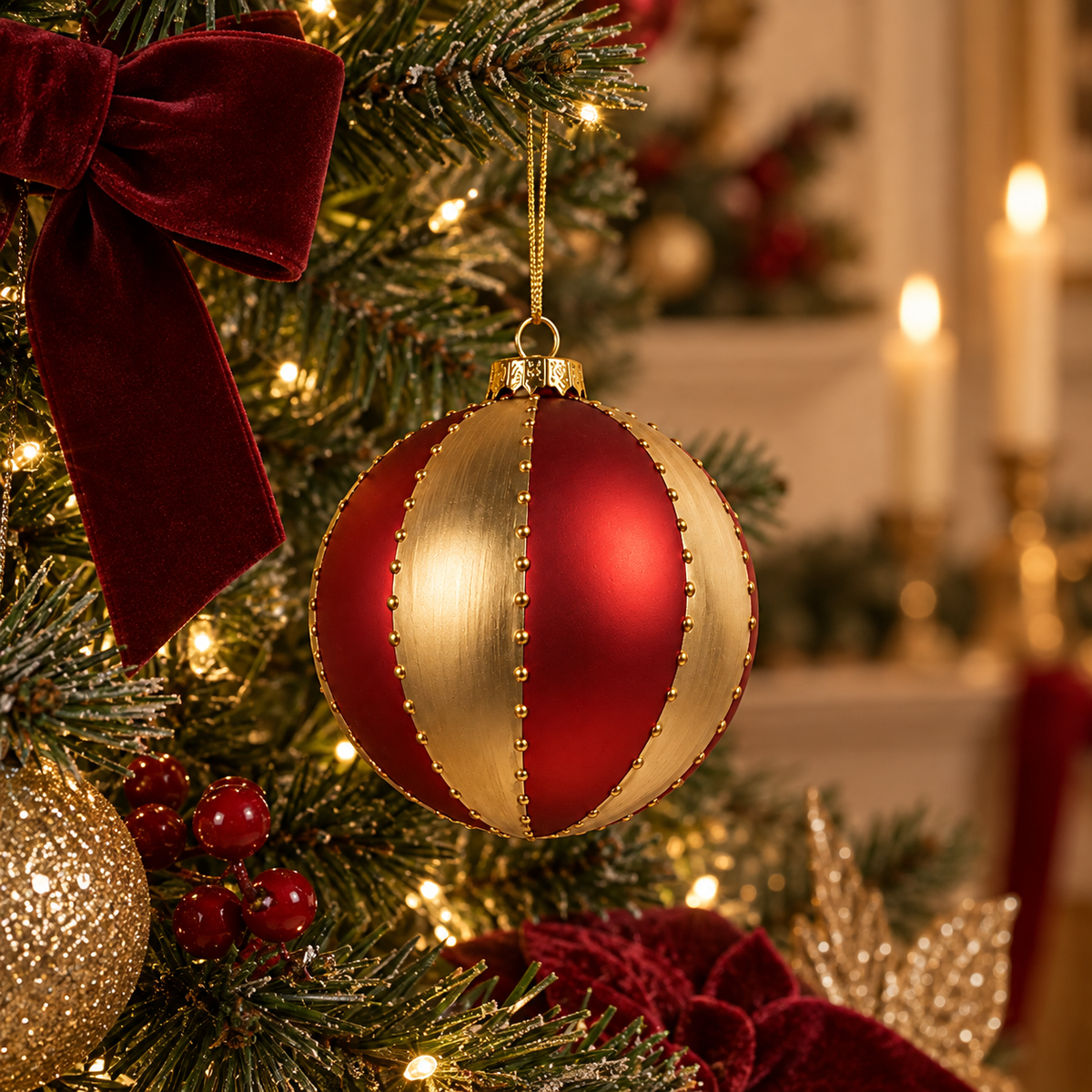 Sfera di Natale in Vetro Oro e Rosso con Decorazioni in Rilievo Ø10 cm