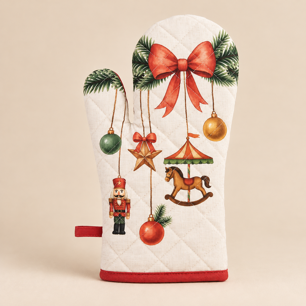 Guanto da Forno Natalizio Christmas Carousel Double Face in Cotone con Cavallo a Dondolo, Fiocchi Rossi e Addobbi 18 x 30 cm