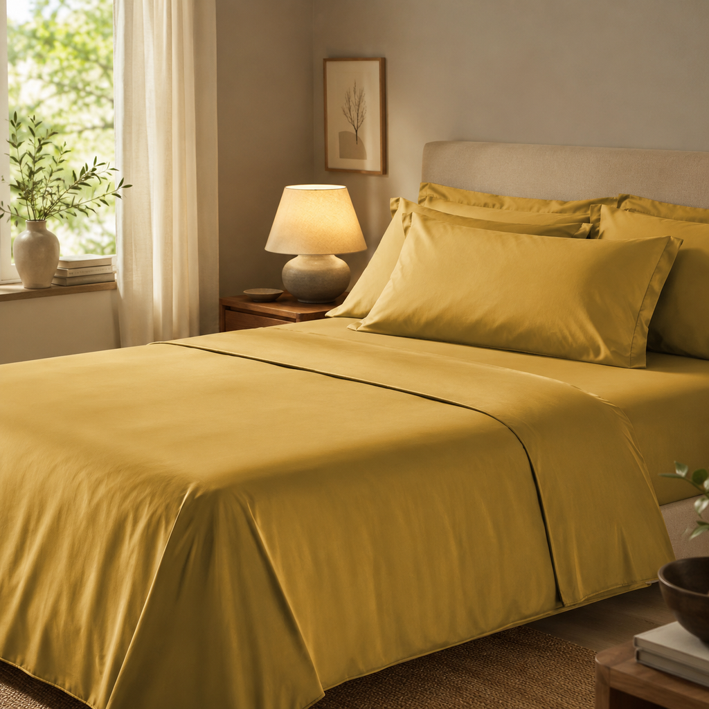 Coppia Copriguanciale Enne in Raso di Puro Cotone – 50 x 80 cm Ocra