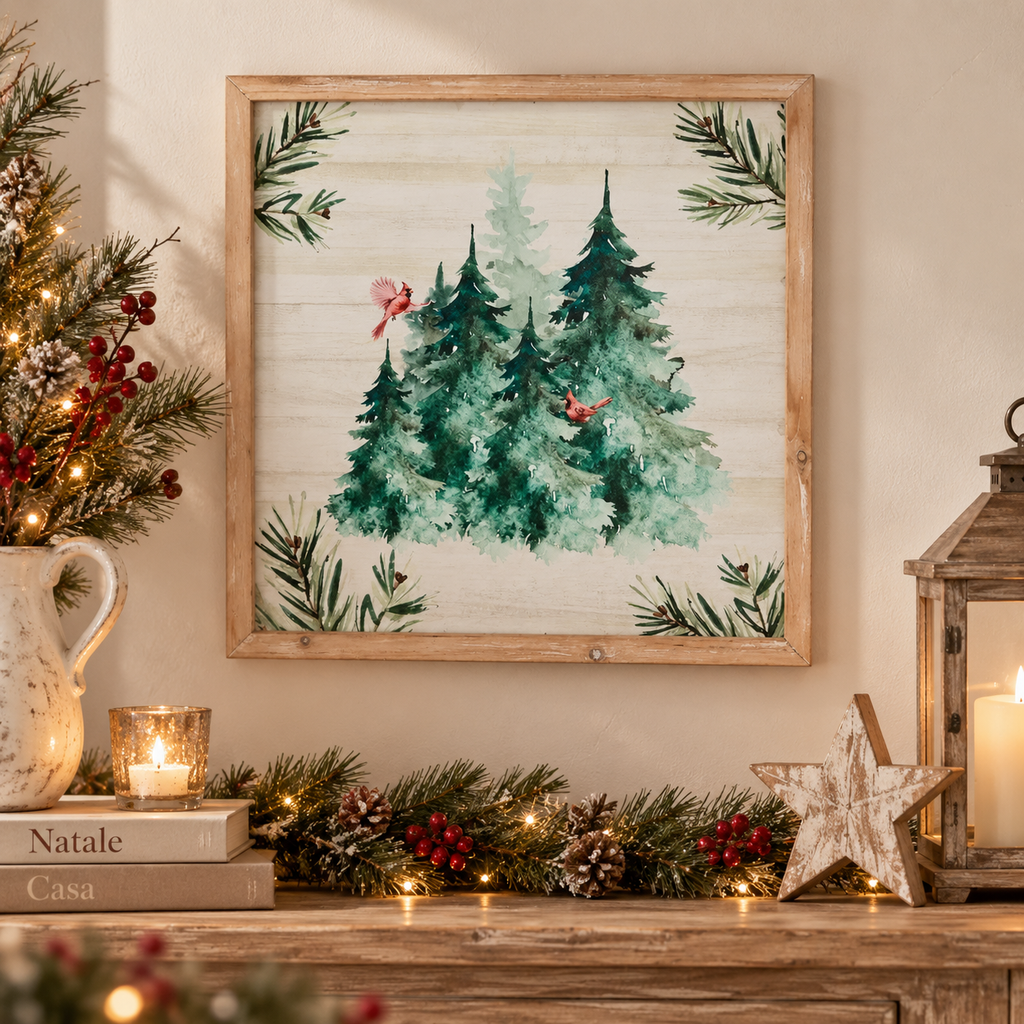 Quadro Natalizio in Legno con Alberi Innevati — 39 × 39 cm