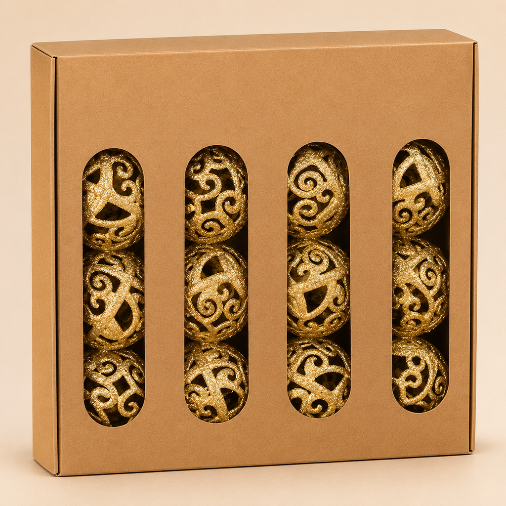 Set 16 Palline di Natale Barocche in PVC Oro Glitterato con Decorazioni Traforate – Ø 6 cm