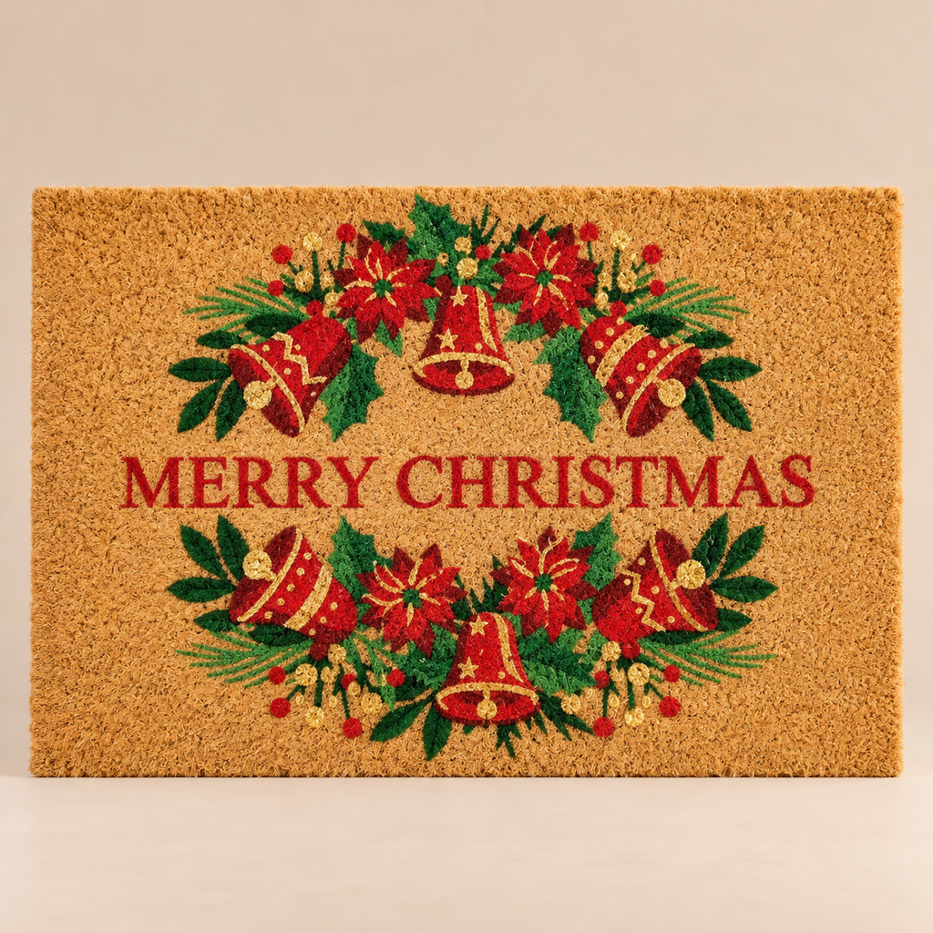 Zerbino Natalizio in Fibra di Cocco Naturale con Palline di Natale Rosse Verdi e Oro e Scritta Merry Christmas – Collezione Benvenuto Natale! 75x45 cm