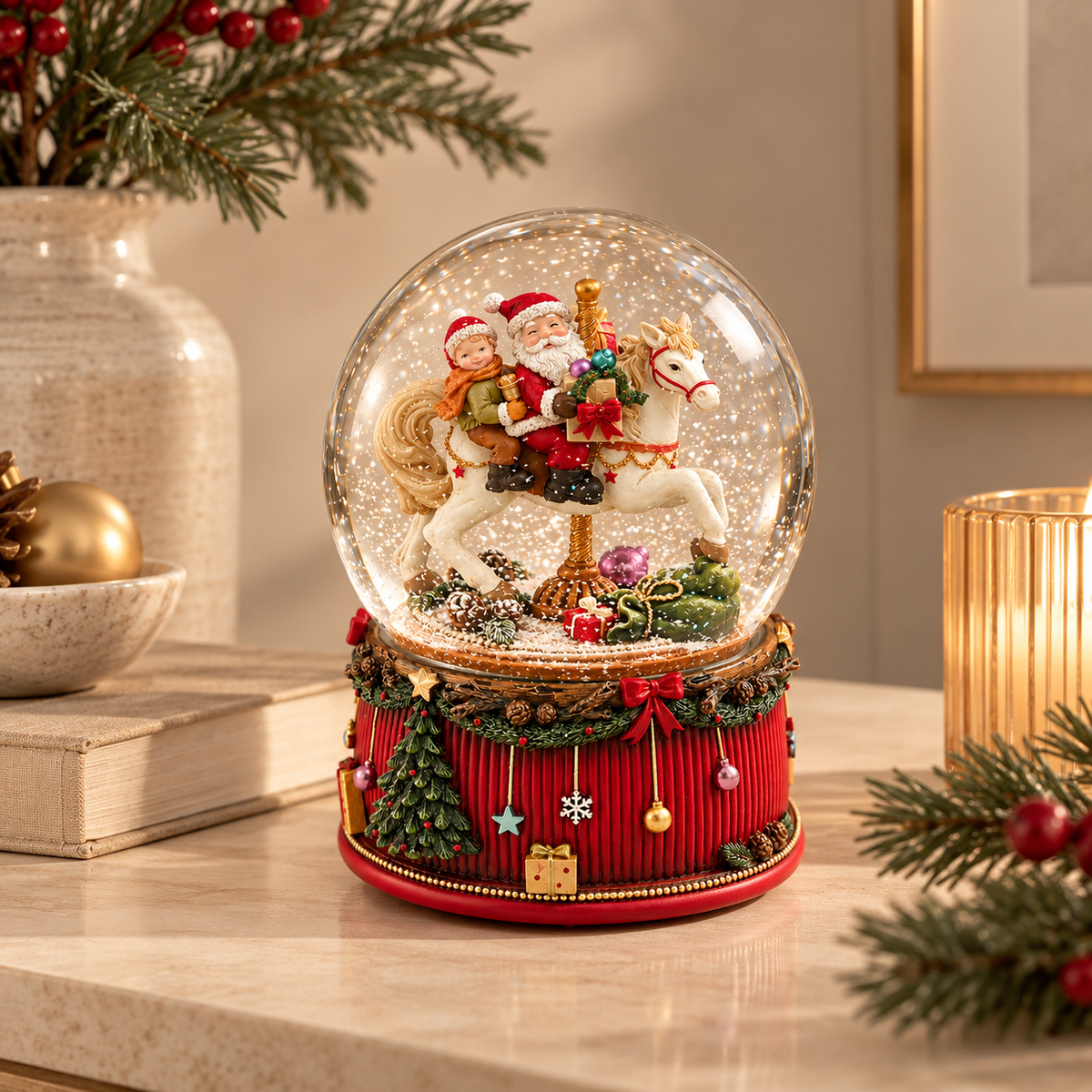 Sfera di Neve Musicale EDG con Babbo Natale e Bambina su Cavallo Bianco, 8 Melodie e Movimento H20 cm