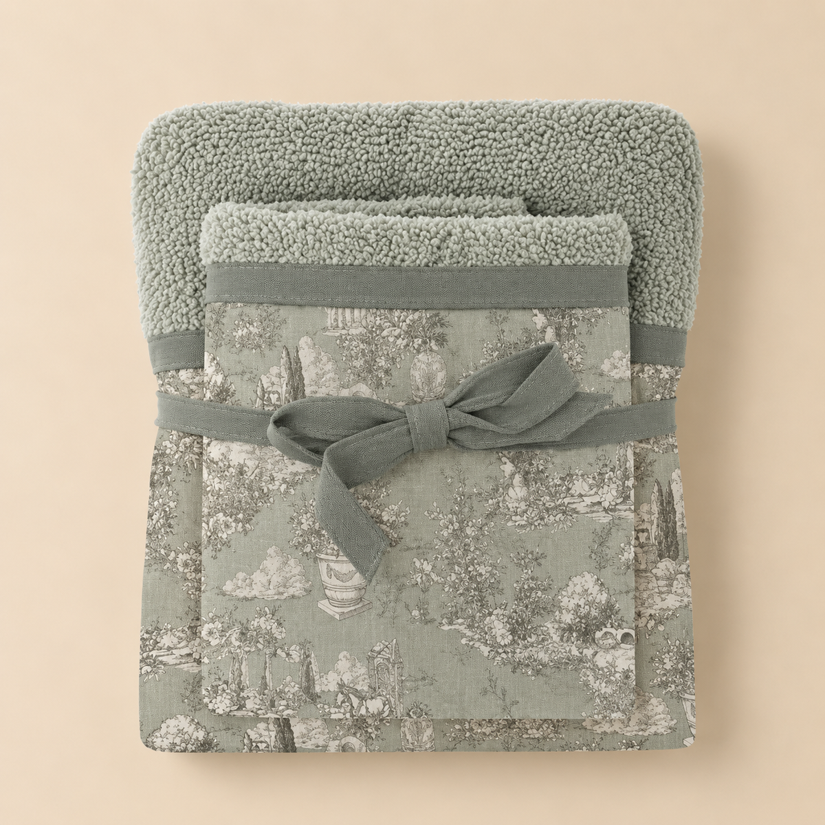Set 2 Asciugamani Toile du Borgo Blanc Mariclò – 40 x 60 + 60 x 100 cm Verde Salvia con Toile Naturale