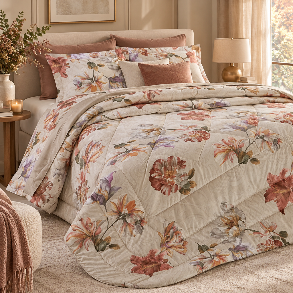 Trapunta Matrimoniale Invernale Margot in Percalle di Cotone con Stampa Floreale Rosa Antico e Avorio 270 x 270 cm – Tessitura Randi