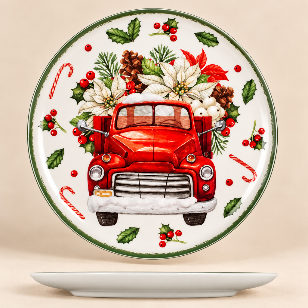 Piatto Panettone Natalizio in Ceramica con Pickup Rosso Ø 27 cm