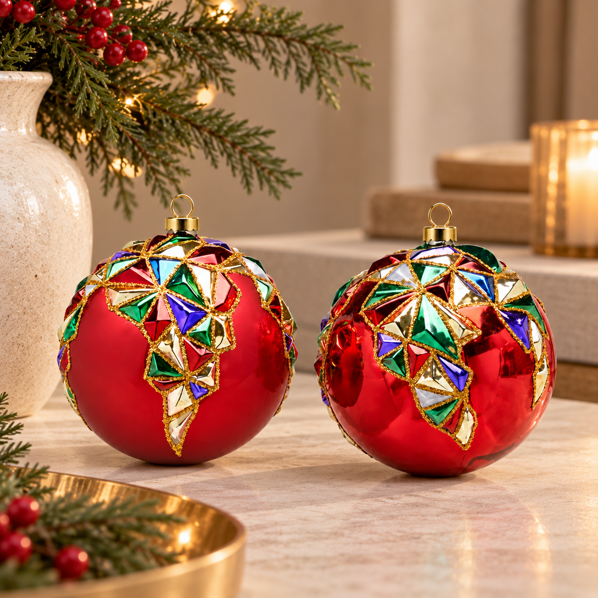 Sfera Natalizia EDG Rossa con Decorazioni Multicolore Effetto Vetrata e Dettagli Oro Ø10 cm – Finitura Opaca o Lucida