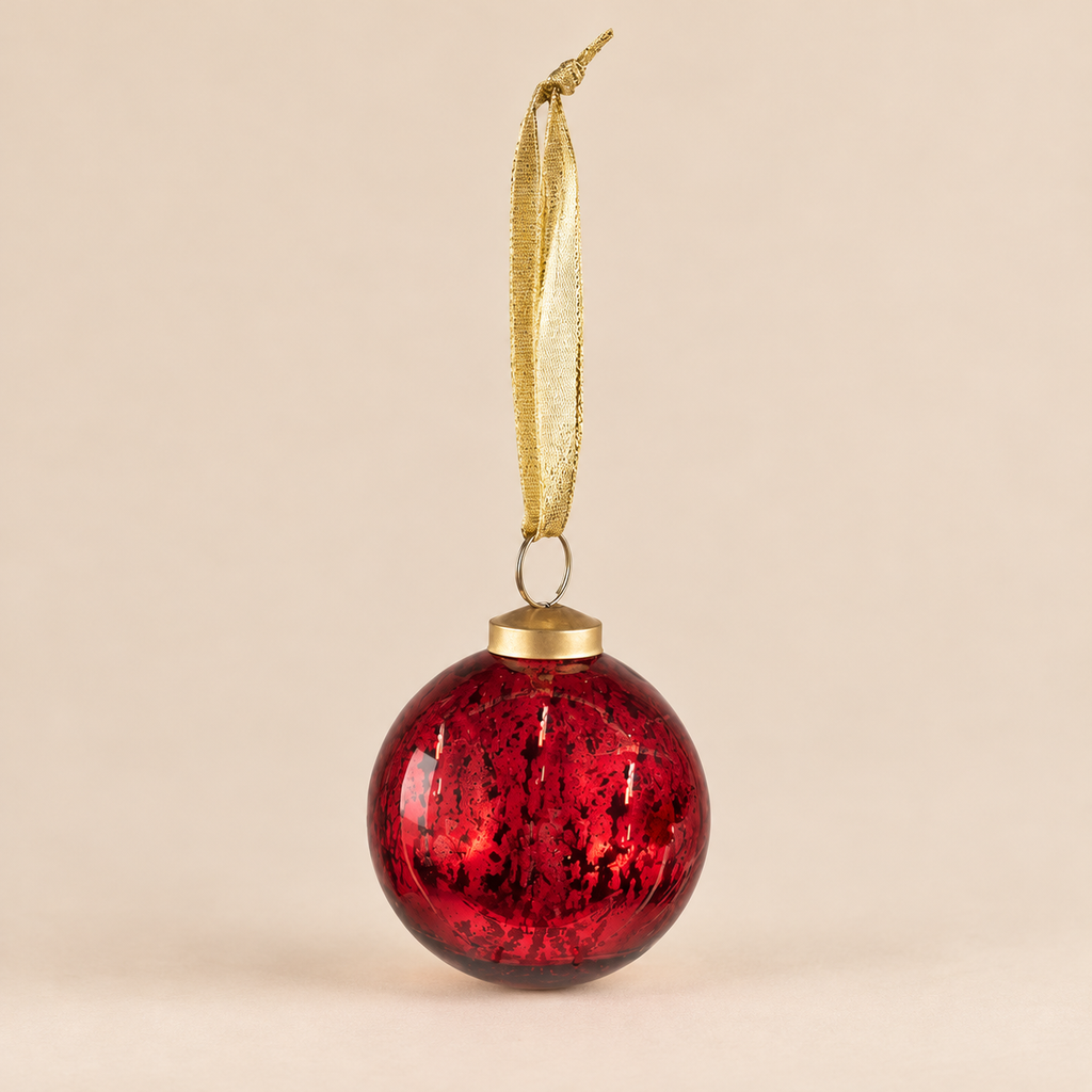 Sfera di Natale in Vetro Rosso Rubino Anticato con Effetto Craquelé e Nastro Dorato – Ø 10 cm