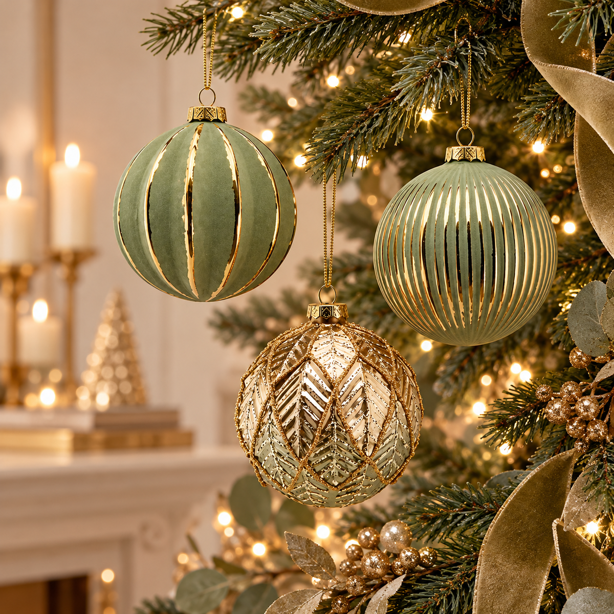 Sfera di Natale in Vetro Verde Salvia e Oro con Decorazioni in Rilievo – Ø 10 cm