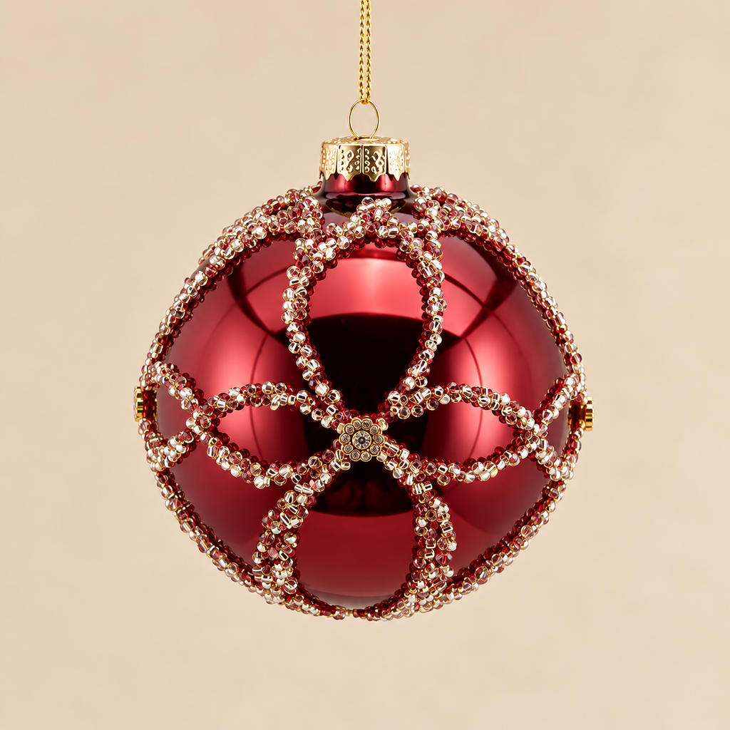 Sfera Natalizia EDG in Vetro Bordeaux Lucido con Ricami Gioiello e Strass Argento Ø8 cm