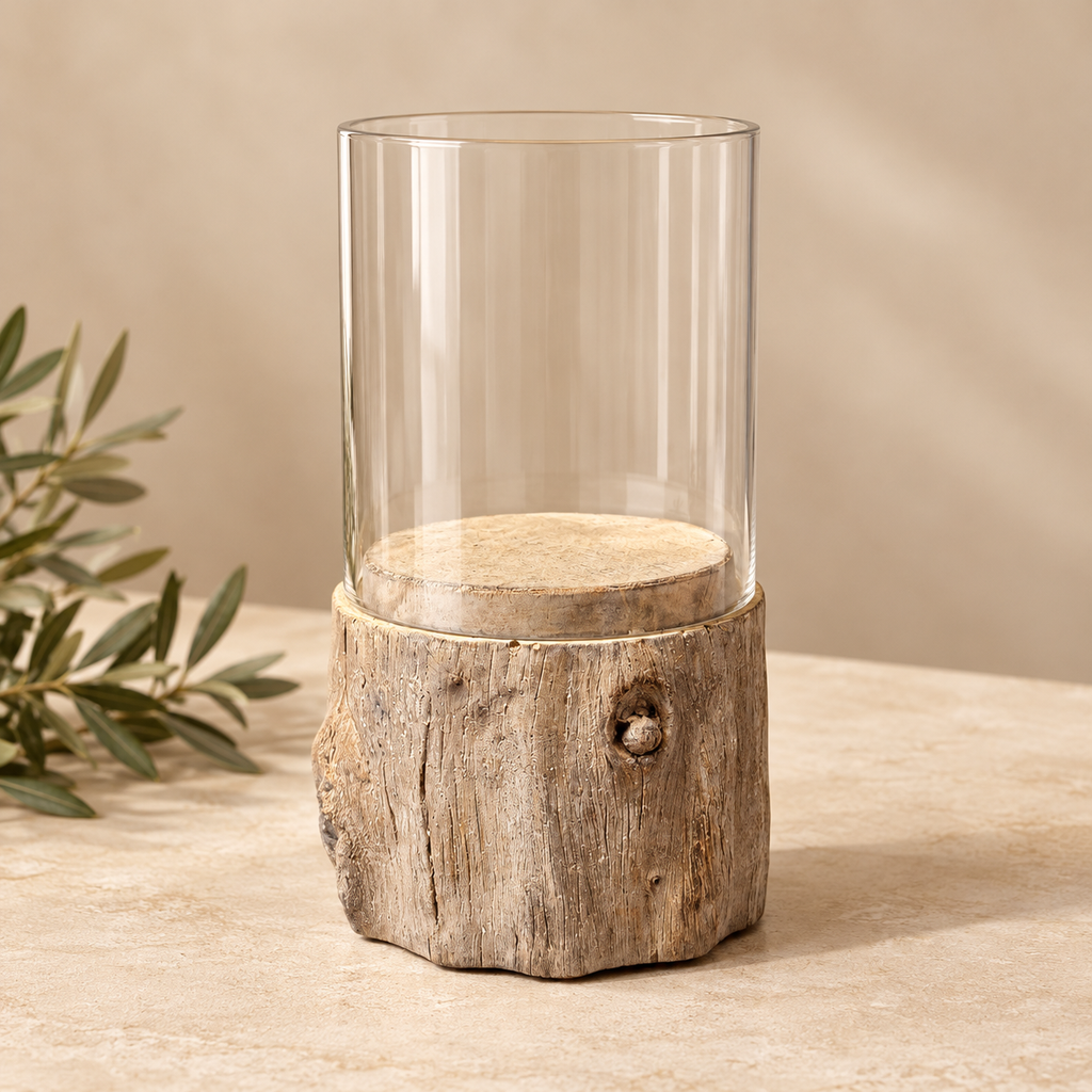 Portacandela Tronco  in Cemento Effetto Legno Ø 11 x H 19 cm