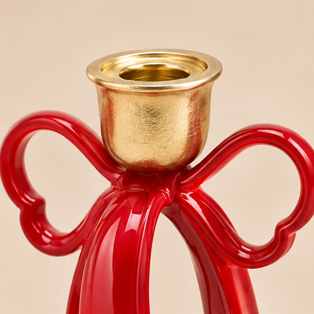 Portacandela Fiocco Rosso e Oro 12 x 11 x H 16 cm