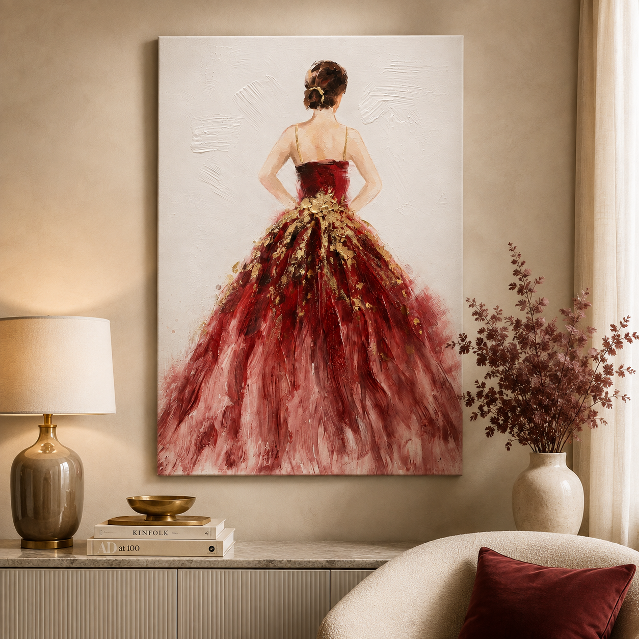 Dipinto a Mano Donna con Abito Rosso – 60 x 90 cm